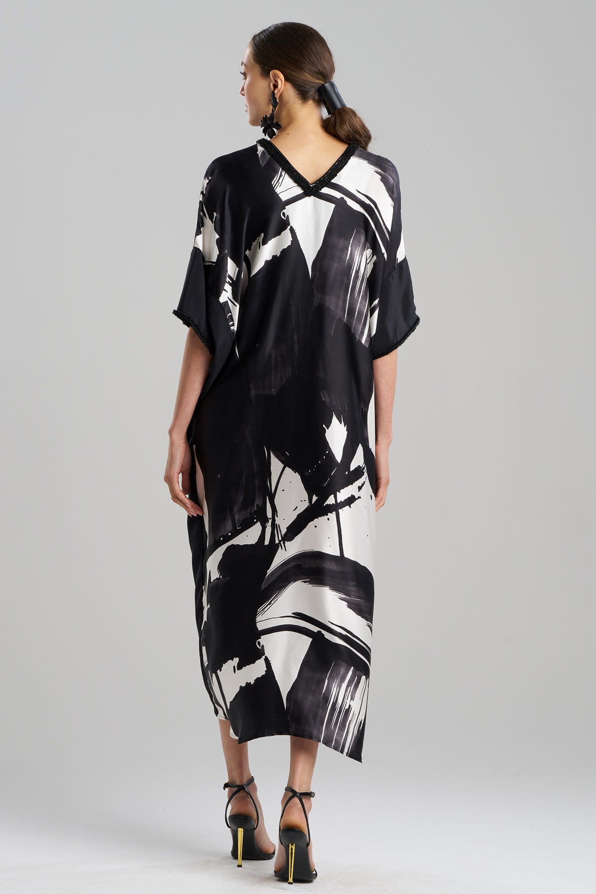 Shodo Beaded Silk Caftan Black White