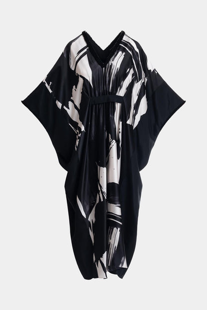 Shodo Beaded Silk Caftan Black White