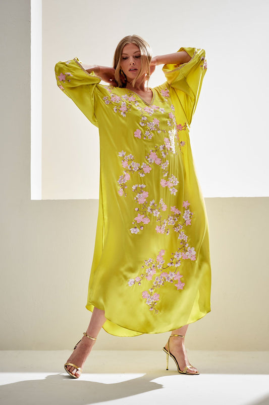 Couture Sakura Embroidered Silk Caftan Chartreuse