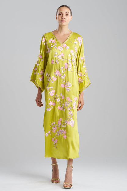 Couture Sakura Embroidered Silk Caftan Chartreuse