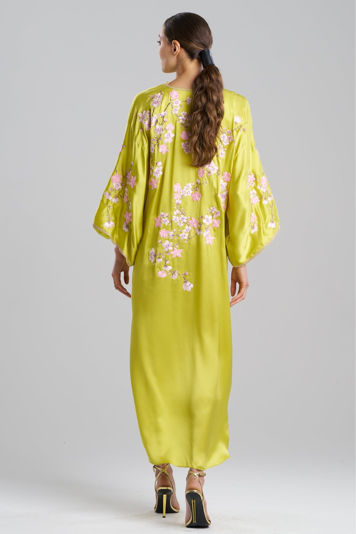 Couture Sakura Embroidered Silk Caftan Chartreuse