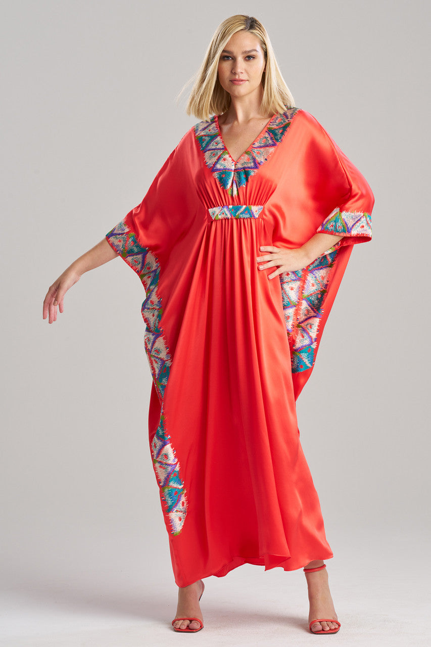 Buy Couture Toulouse Embroidered Kimono Silk Caftan in Coral Peach Online Coral Peach