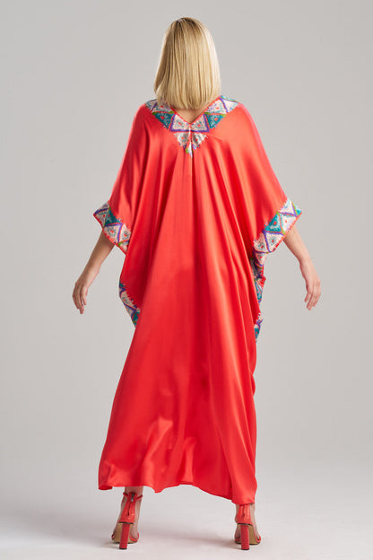 Buy Couture Toulouse Embroidered Kimono Silk Caftan in Coral Peach Online Coral Peach