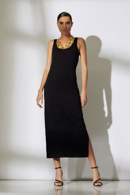 Buy Light Weight Ponte Embroidered Maxi Dress in Black Online Black