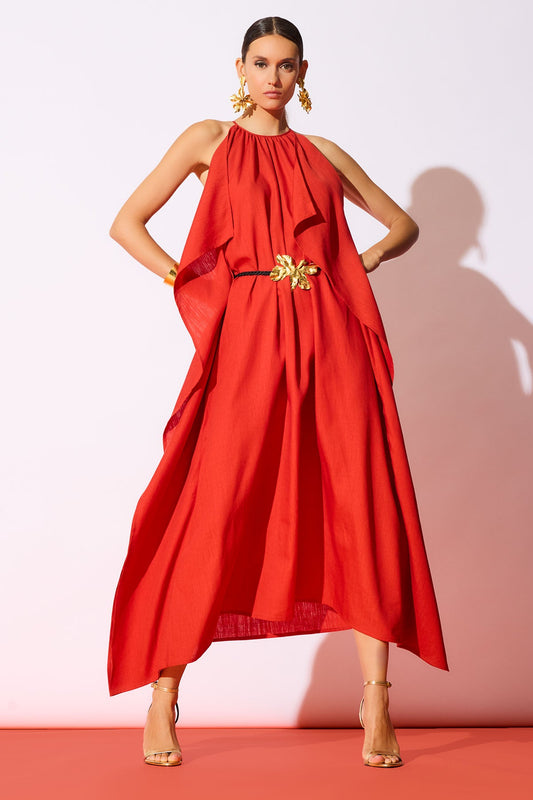 Solid Linen Belted Maxi Dress Burnt Red
