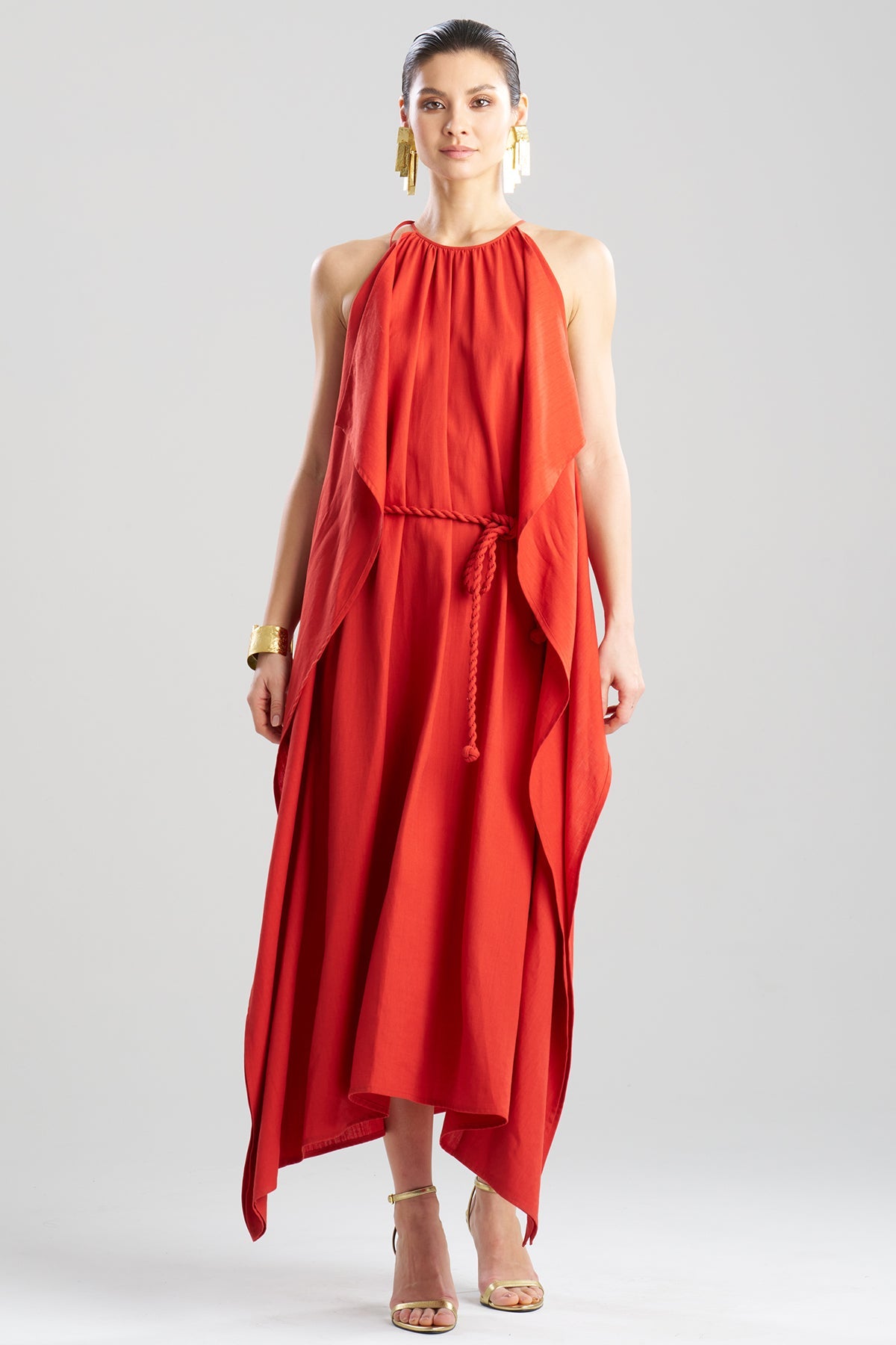 Solid Linen Belted Maxi Dress Burnt Red