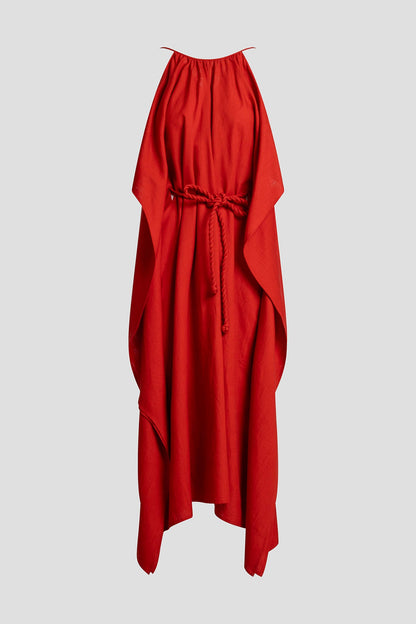 Solid Linen Belted Maxi Dress Burnt Red