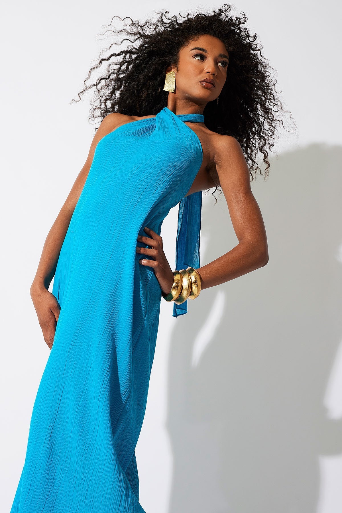 Cotton Gauze Maxi Halter Dress Wave Blue