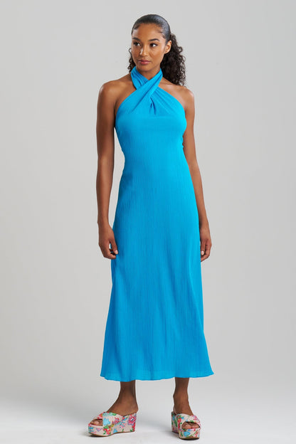 Cotton Gauze Maxi Halter Dress Wave Blue