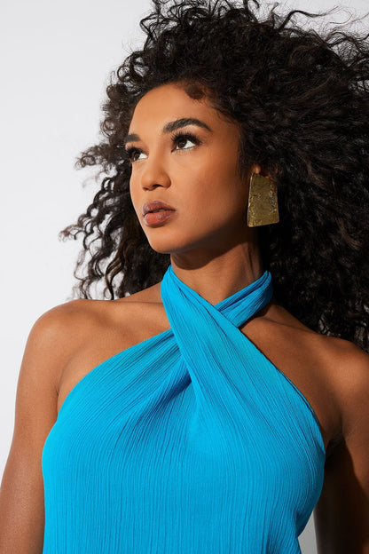 Cotton Gauze Maxi Halter Dress Wave Blue