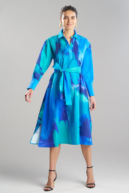 Brushstroke Cotton Chino Oversized Shirtdress Blue