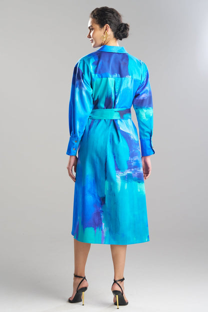 Brushstroke Cotton Chino Oversized Shirtdress Blue