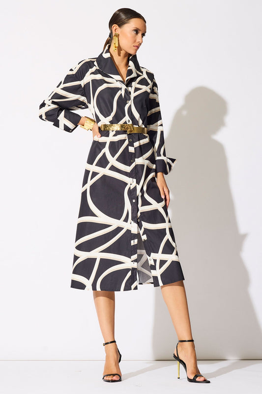 Spiral Cotton Taffeta Oversized Button Down Shirtdress Black/White