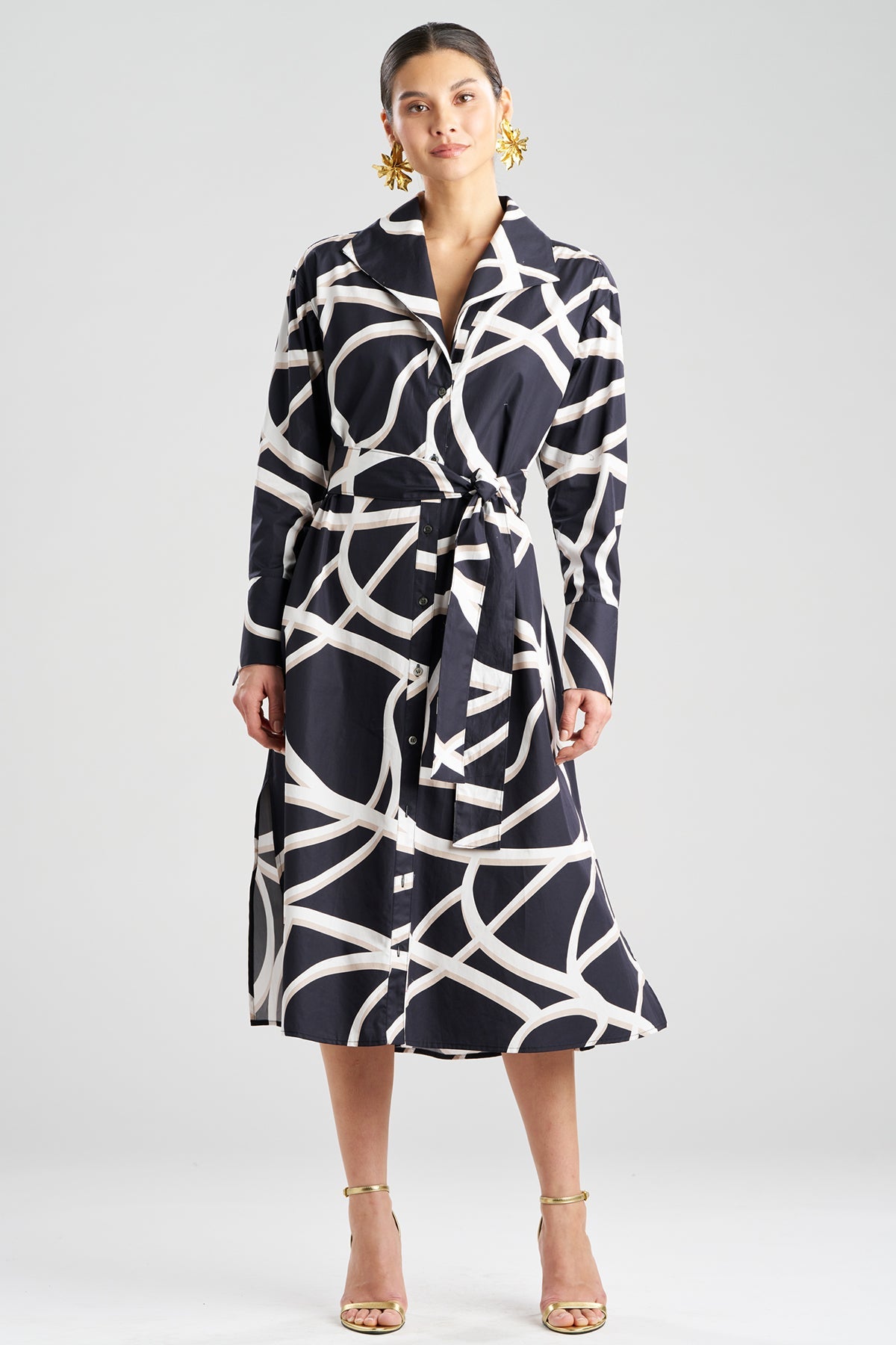 Spiral Cotton Taffeta Oversized Button Down Shirtdress Black/White