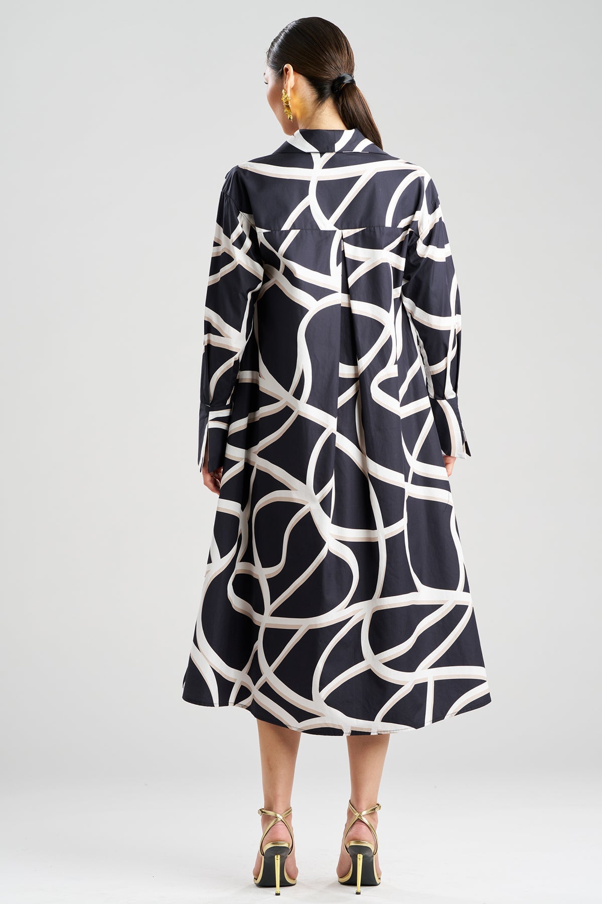 Spiral Cotton Taffeta Oversized Button Down Shirtdress Black/White