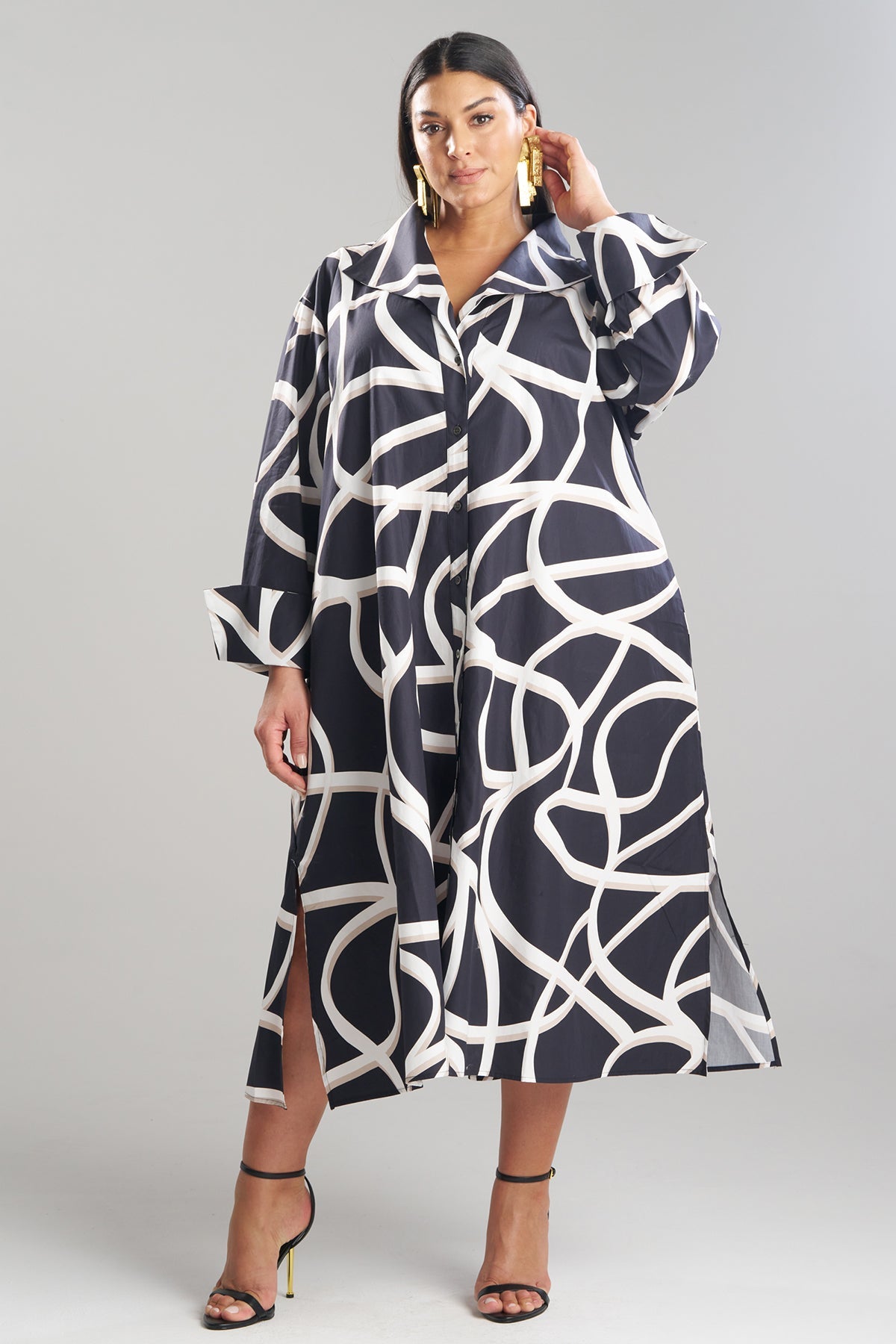 Spiral Cotton Taffeta Oversized Button Down Shirtdress Black/White