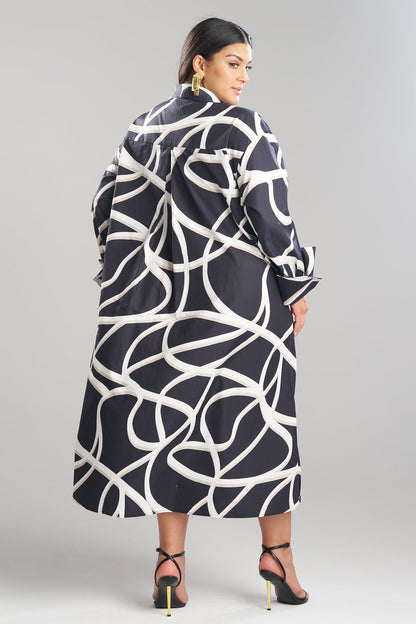 Spiral Cotton Taffeta Oversized Button Down Shirtdress Black/White