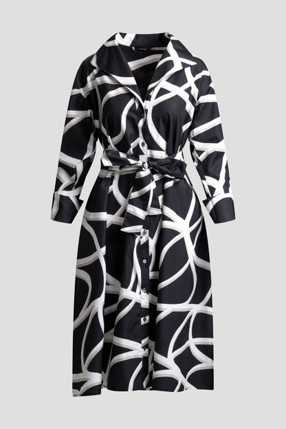 Spiral Cotton Taffeta Oversized Button Down Shirtdress Black/White