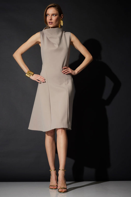 Techno Crepe Fit & Flare Funnel Neck Dress Taupe