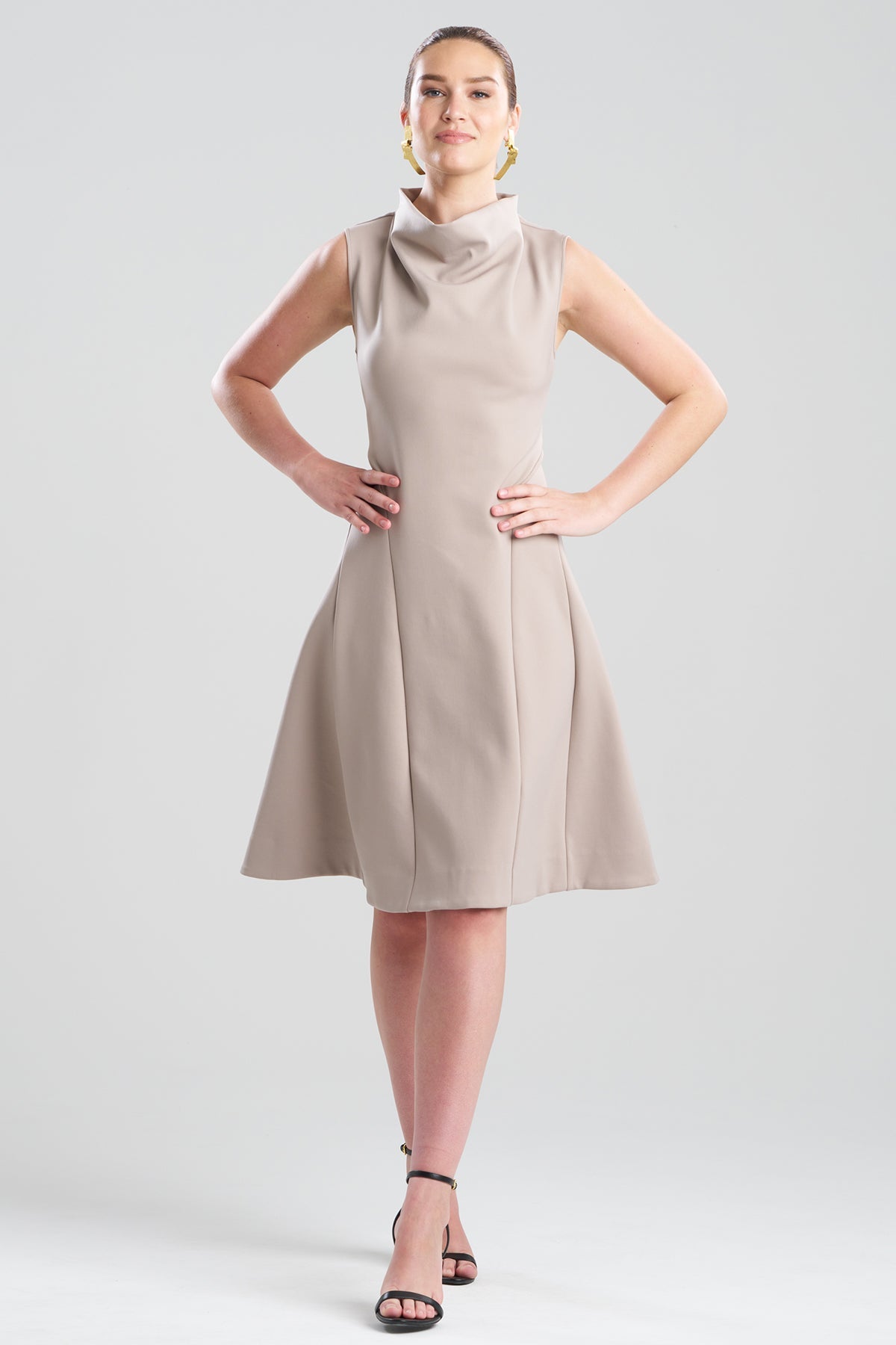 Techno Crepe Fit & Flare Funnel Neck Dress Taupe
