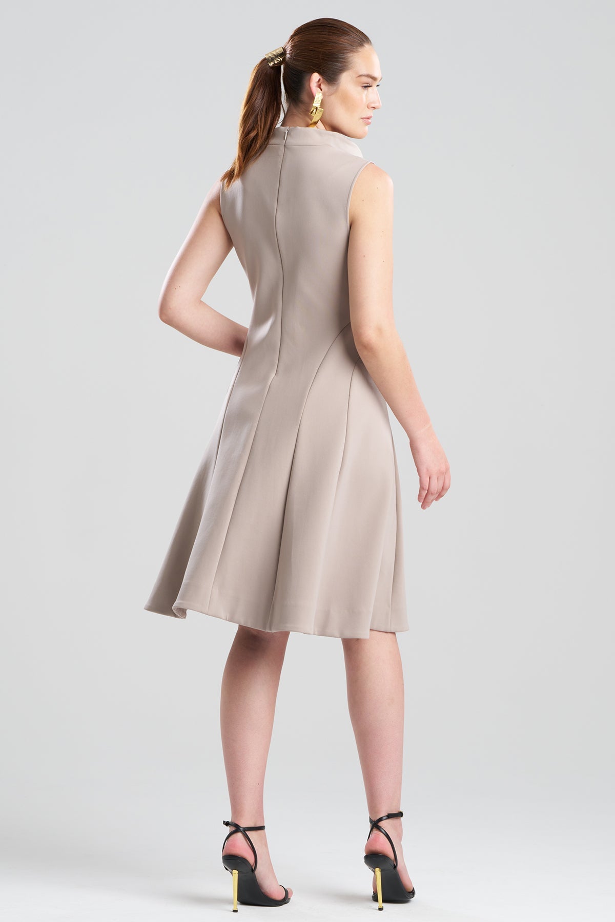 Techno Crepe Fit & Flare Funnel Neck Dress Taupe