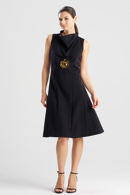 Techno Crepe Fit & Flare Funnel Neck Dress Black