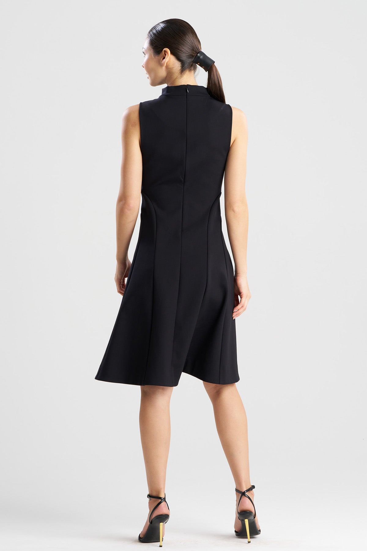 Techno Crepe Fit & Flare Funnel Neck Dress Black