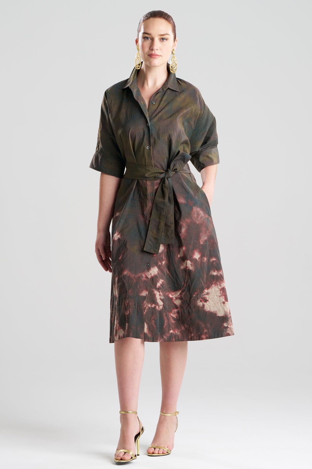 Niji Tie Dye Taffeta Belted Shirtdress Green