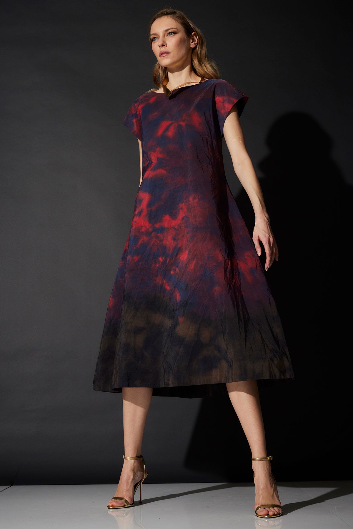 Niji Tie Dye Taffeta Trapeze Dress Red