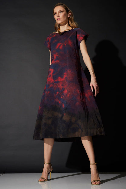 Niji Tie Dye Taffeta Trapeze Dress Red