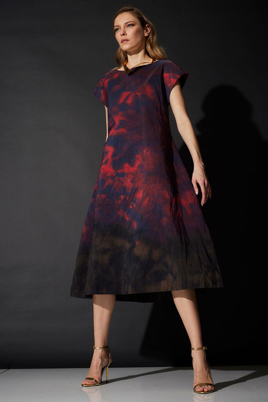 Niji Tie Dye Taffeta Trapeze Dress Red