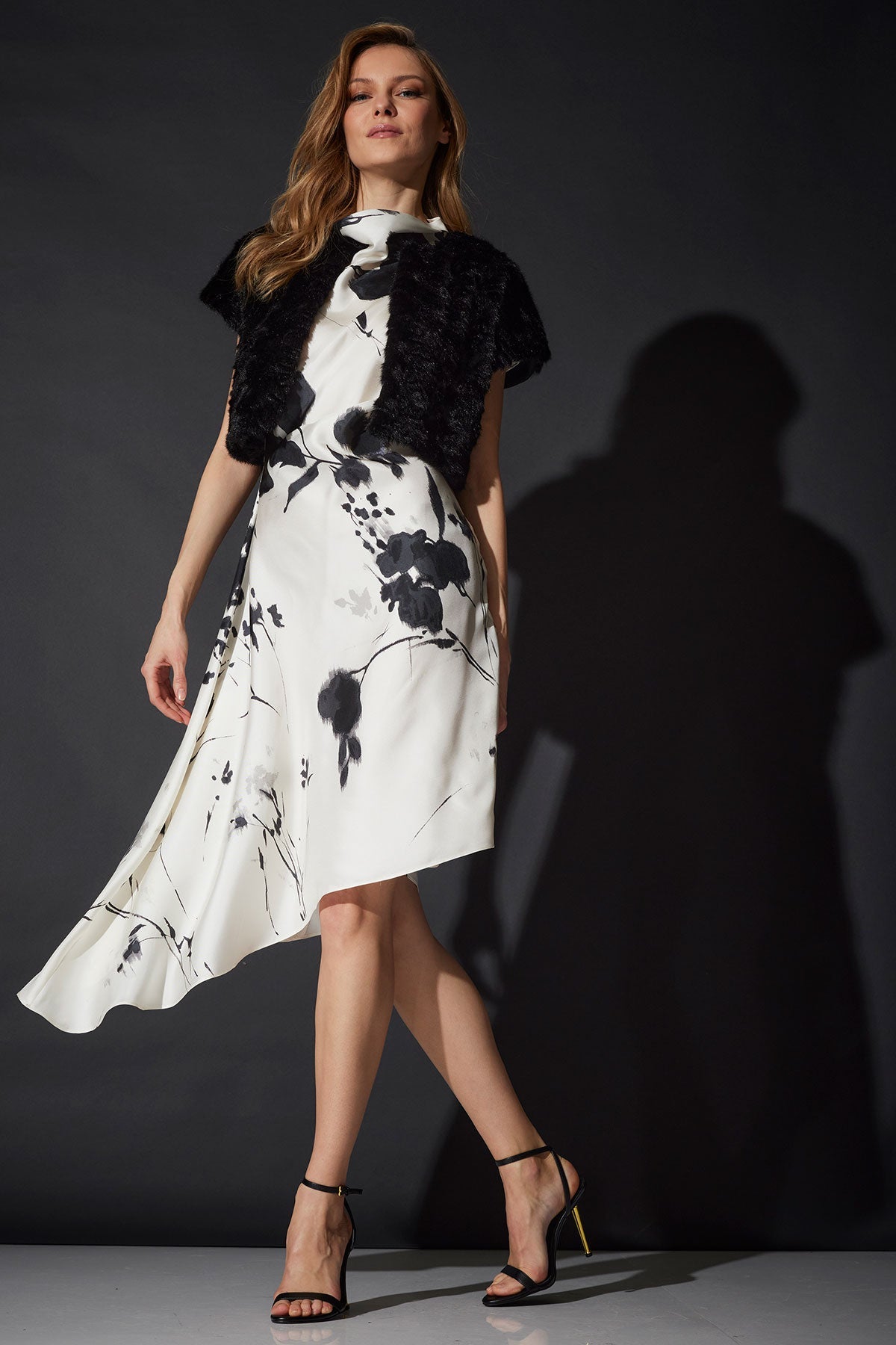 Nara Silk Twill Asymmetric Pleated Dress Black/White