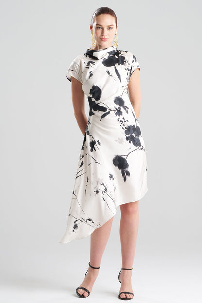 Nara Silk Twill Asymmetric Pleated Dress Black/White