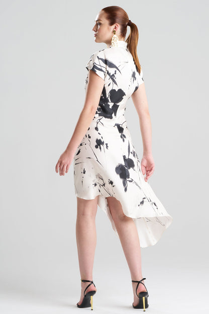 Nara Silk Twill Asymmetric Pleated Dress Black/White