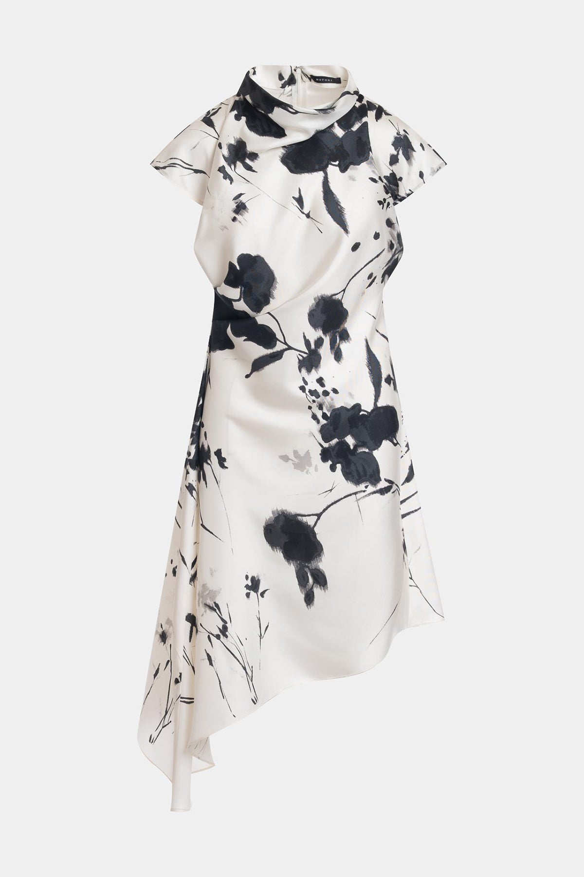 Nara Silk Twill Asymmetric Pleated Dress Black/White