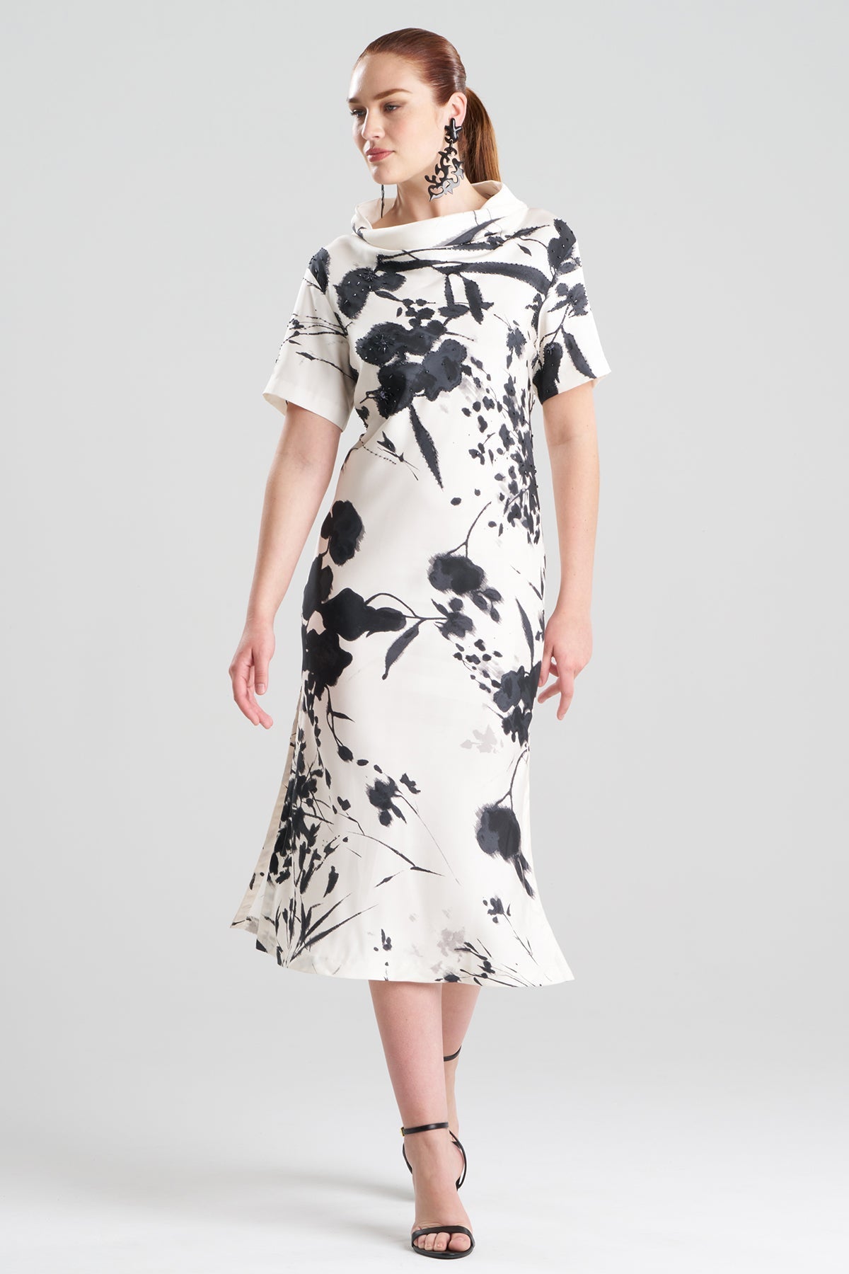 Nara Silk Twill Beaded Column Dress Black/White