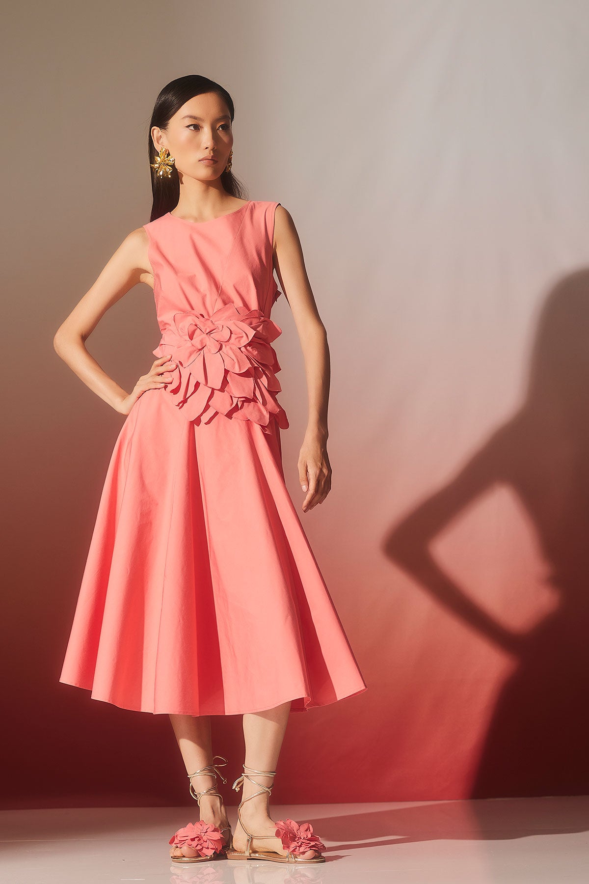 Tech Cotton Taffeta Asymmetrical Seam Dress Flamingo Pink
