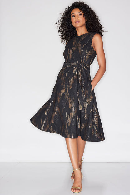 Art Deco Jacquard Fit & Flare Tie Dress Black/Gold