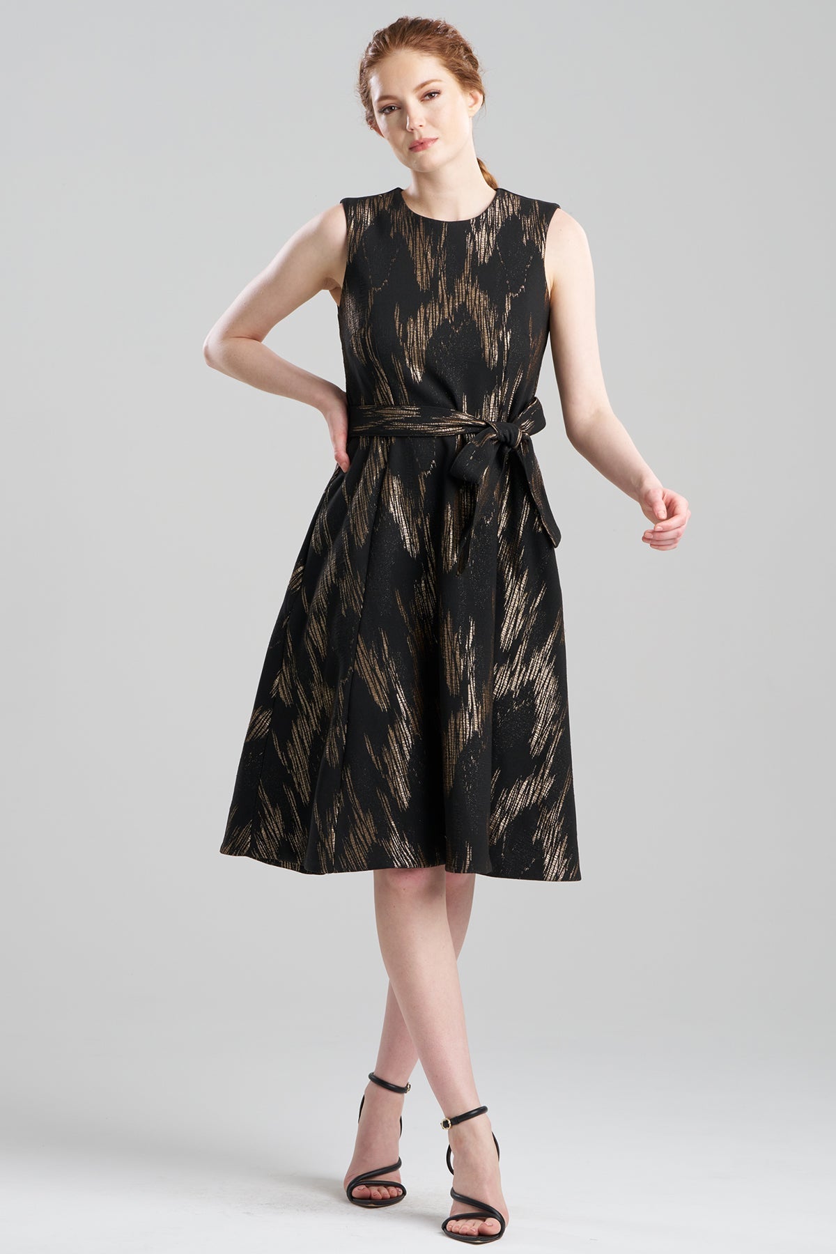 Art Deco Jacquard Fit & Flare Tie Dress Black/Gold