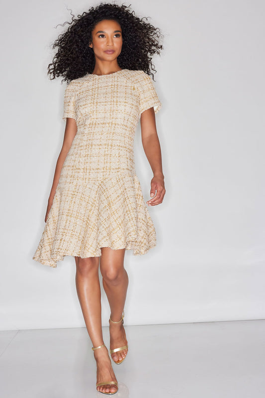 Sparkle Tweed Short Sleeve Flounce Dress Champagne