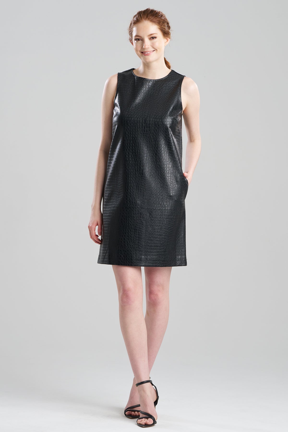 Faux Croc Leather Shift Dress Black
