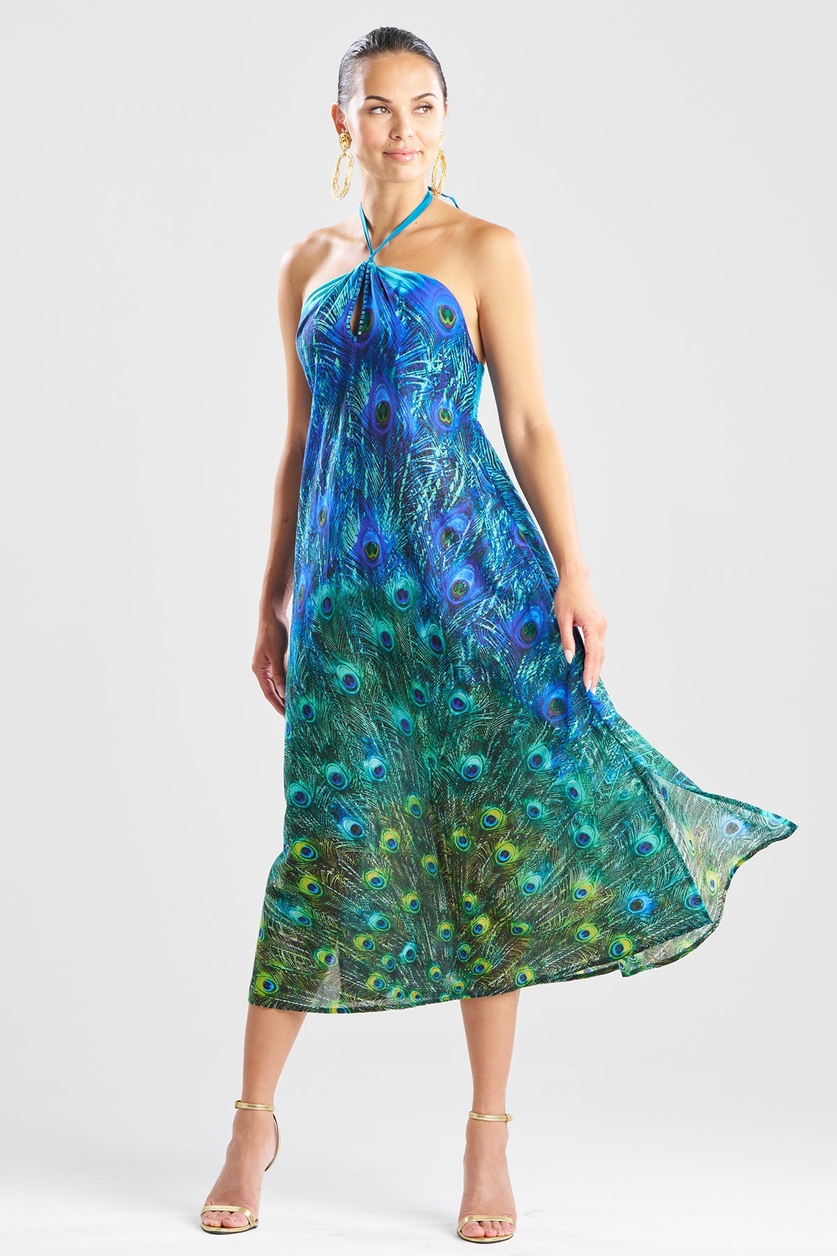 Peacock Cotton Voile Beaded Maxi Dress Teal