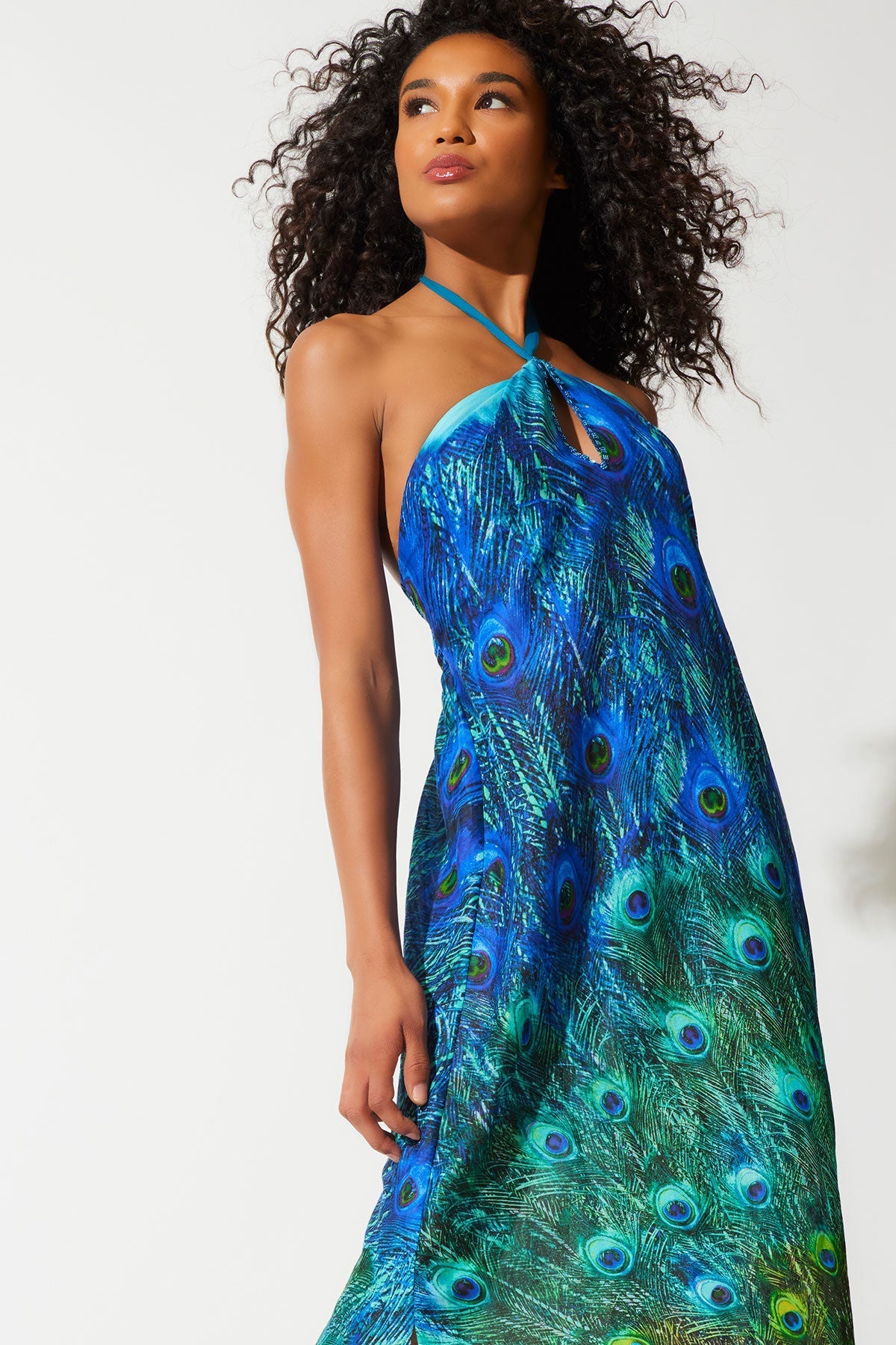Peacock Cotton Voile Beaded Maxi Dress Teal