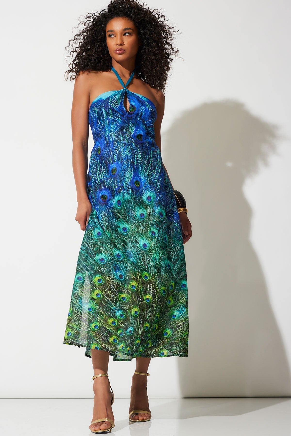 Peacock Cotton Voile Beaded Maxi Dress Teal