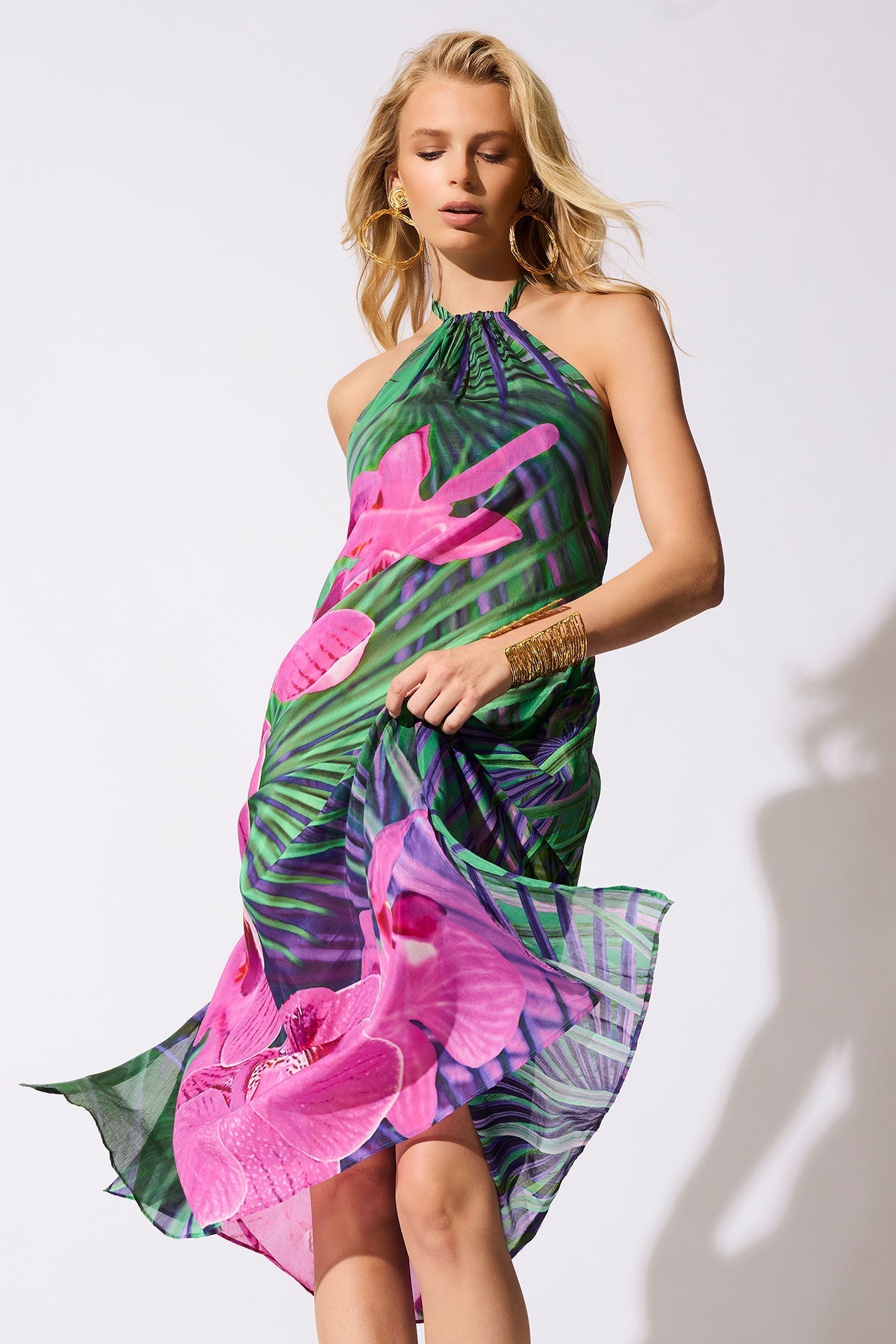 Orchid Silk Cotton Voile Halter Dress Multi