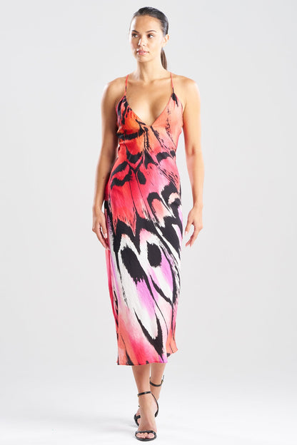 Butterfly Linen Blend Open Back Slip Dress Red