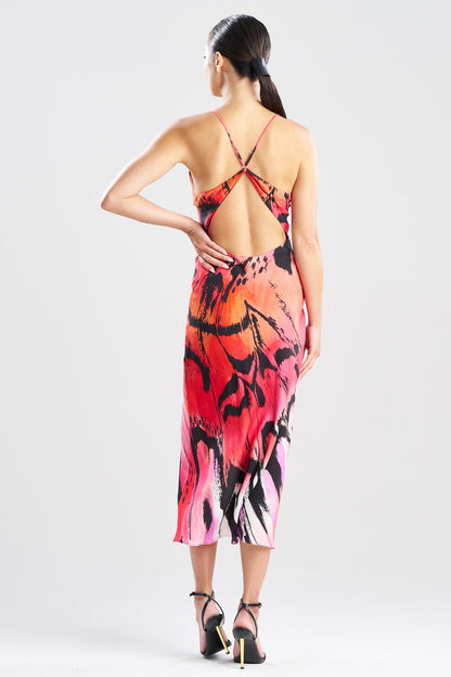Butterfly Linen Blend Open Back Slip Dress Red