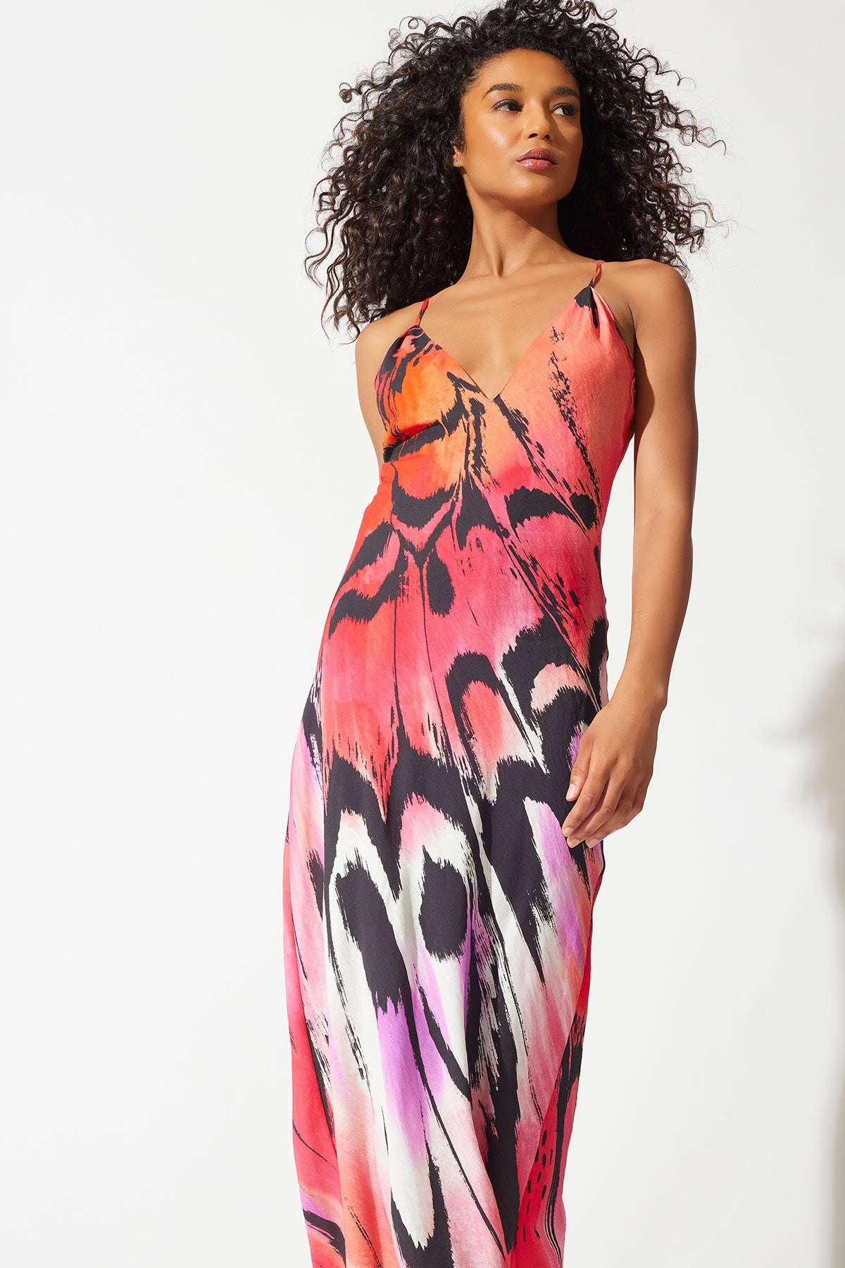Butterfly Linen Blend Open Back Slip Dress Red