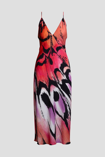 Butterfly Linen Blend Open Back Slip Dress Red