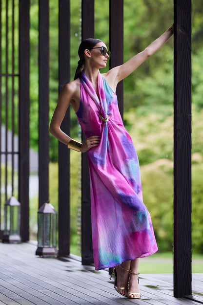 Watercolor Sheer Texture Halter Maxi Dress Pink